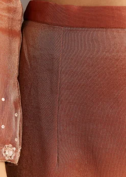 Dark Peach Organza Tissue Kurta Pant With Embroidered Dupatta