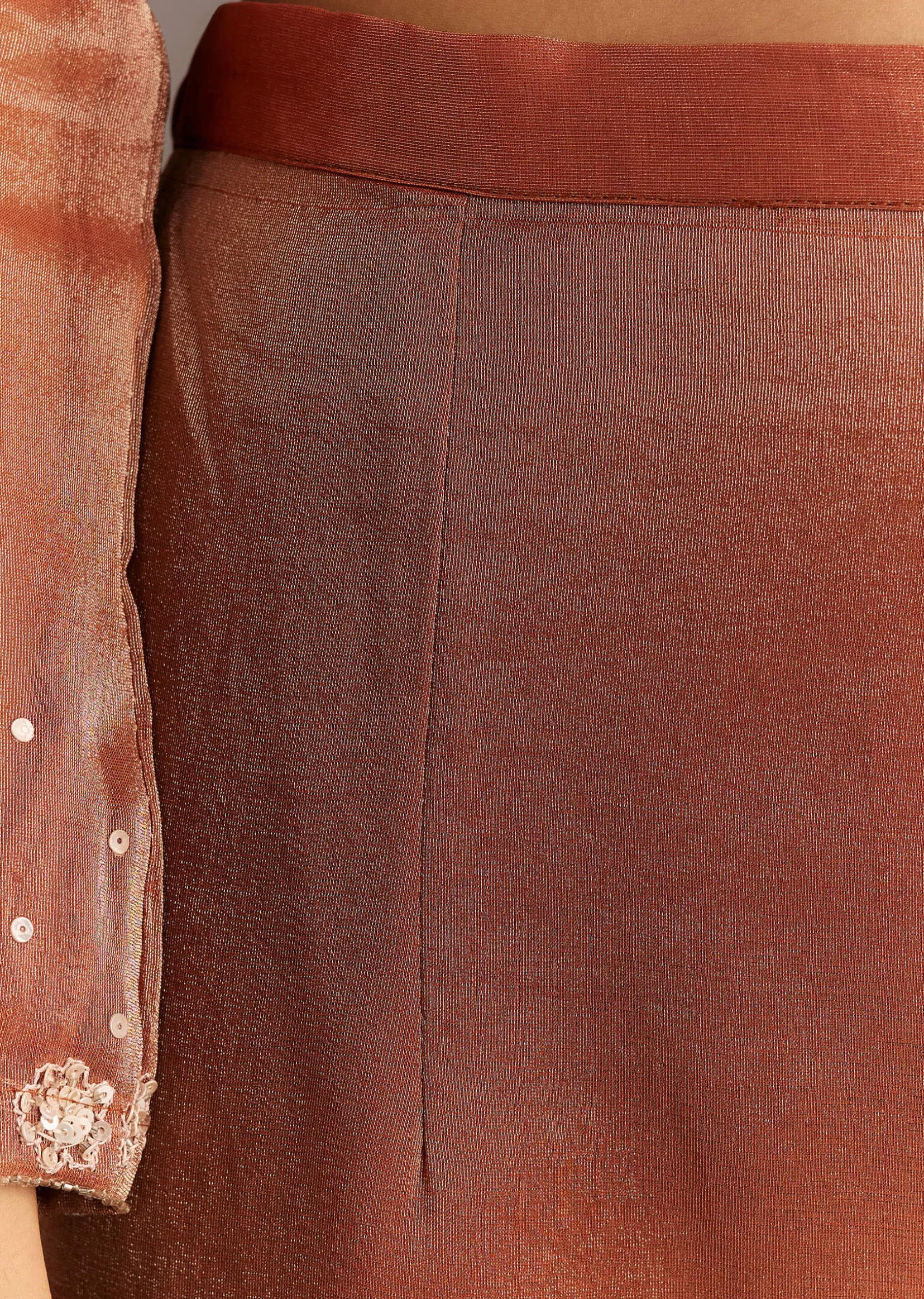 Dark Peach Organza Tissue Kurta Pant With Embroidered Dupatta