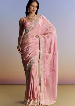Dark Peach Tissue Saree With Gota Patti Embroidery
