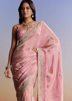 Dark Peach Tissue Saree With Gota Patti Embroidery