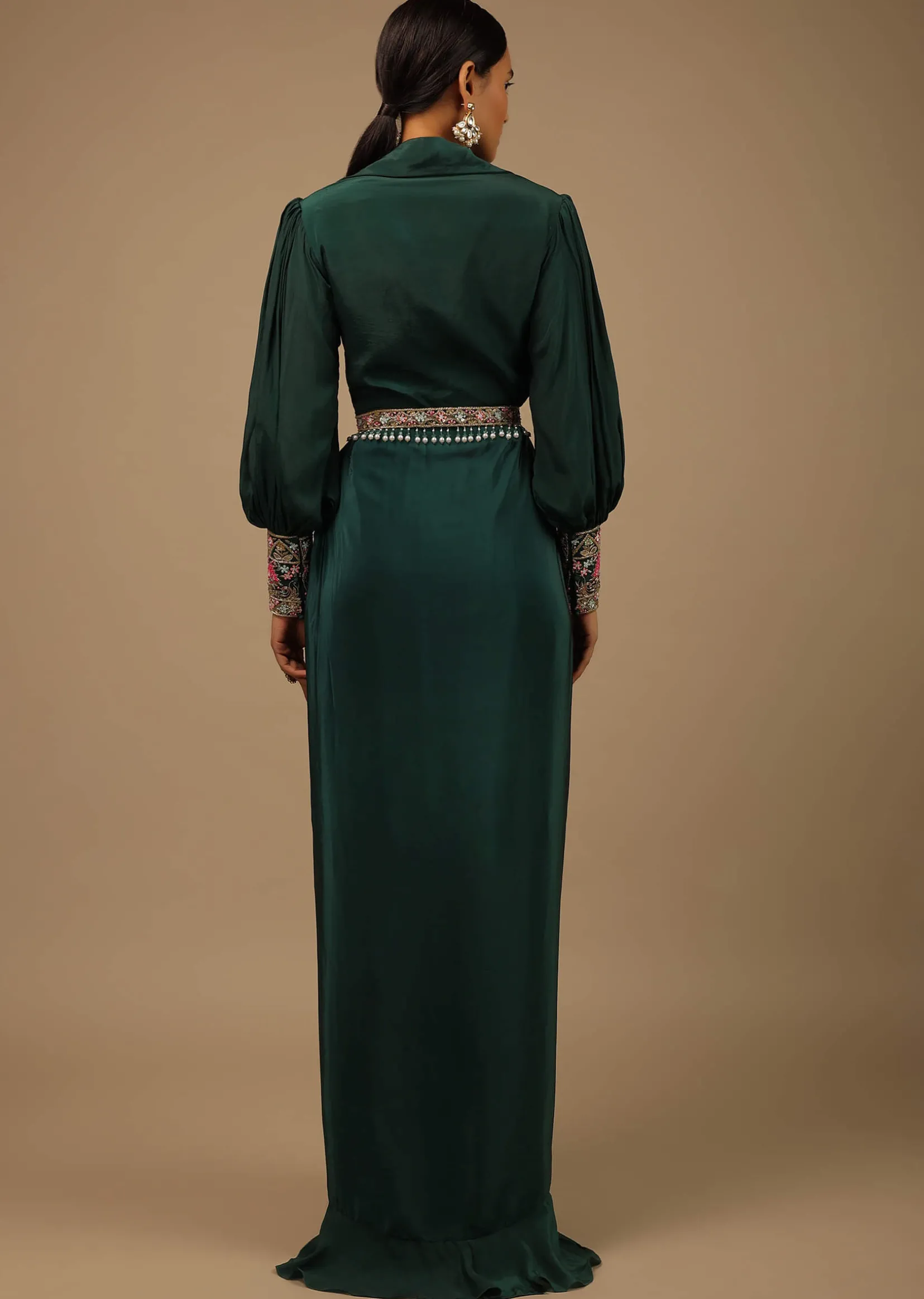 Dark Pine Green High Low Gown With Collar Neckline, Bishop Sleeves And Multicolor Handwork On The Cuffs