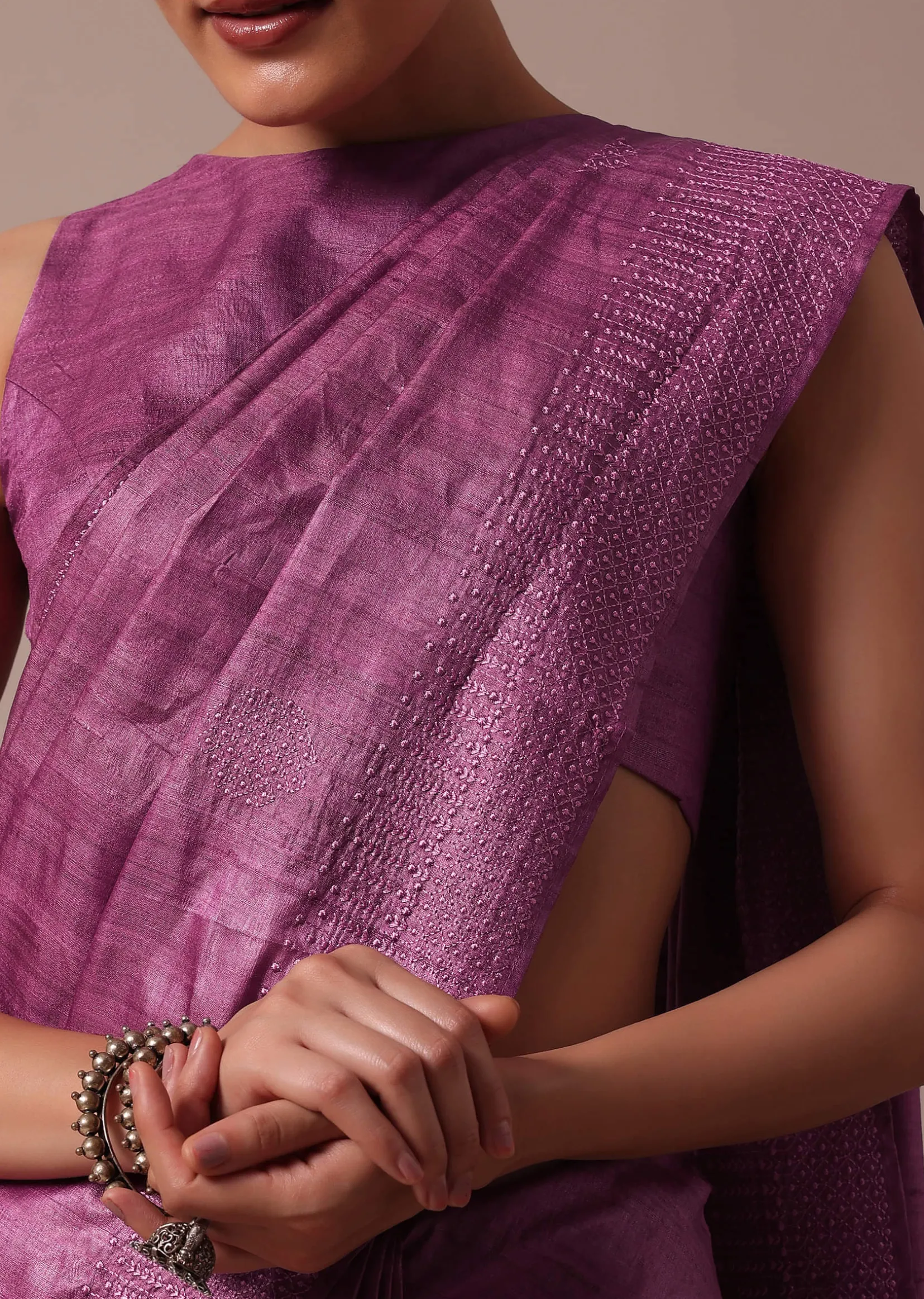 Dark Pink Embroidered Tussar Saree With Unstitched Blouse
