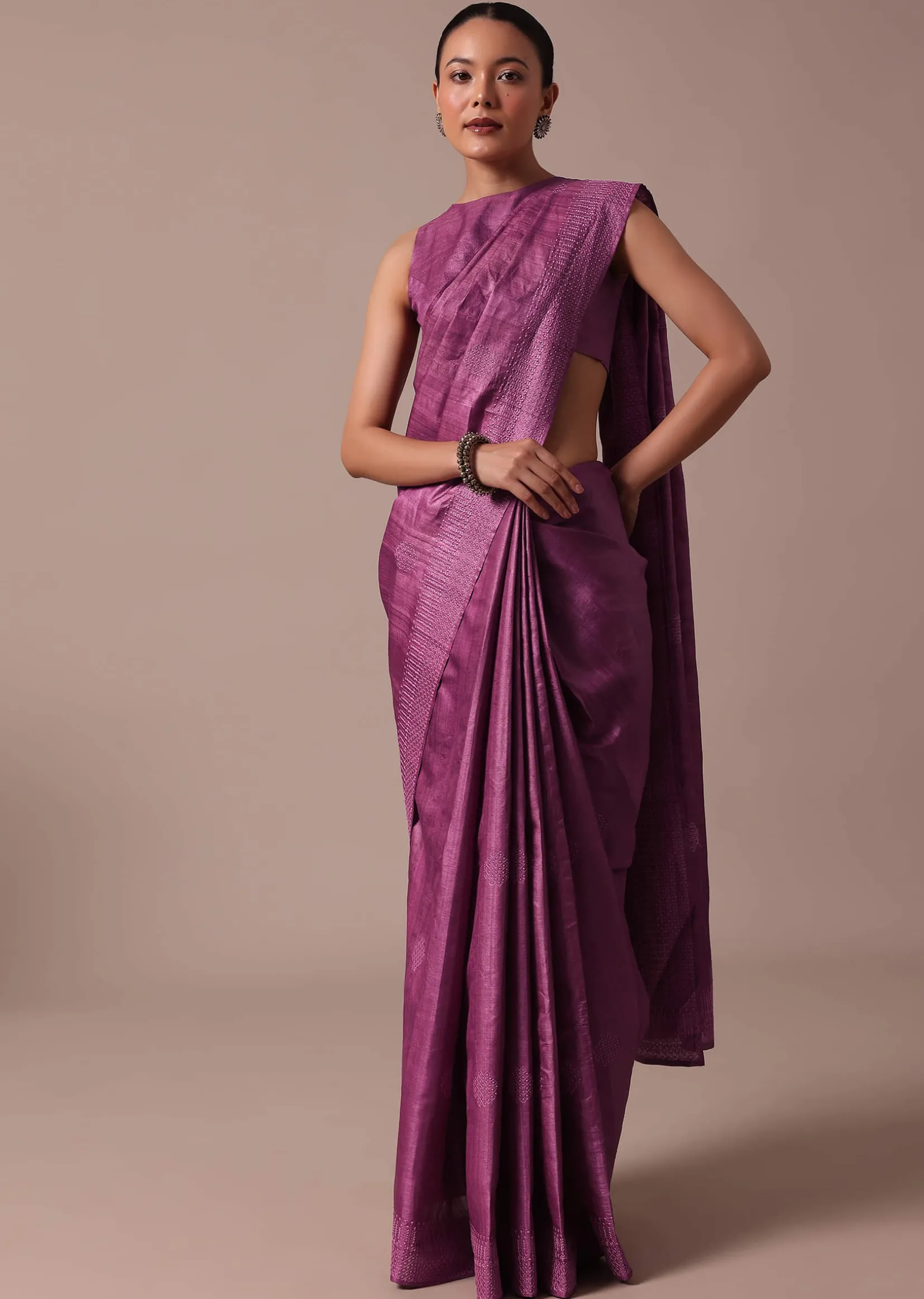Dark Pink Embroidered Tussar Saree With Unstitched Blouse