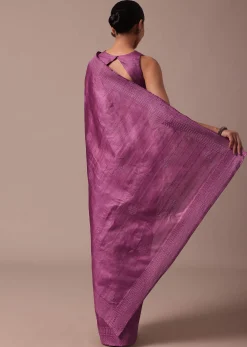 Dark Pink Embroidered Tussar Saree With Unstitched Blouse