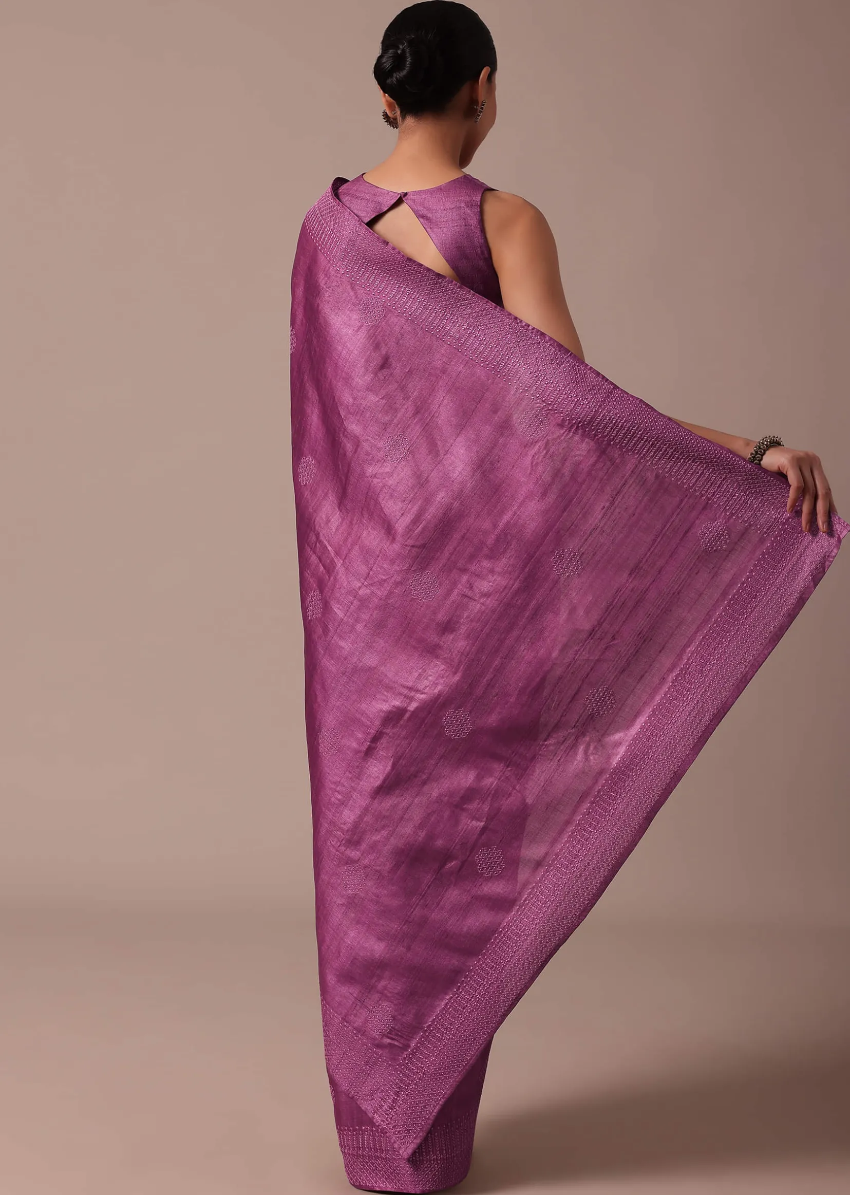 Dark Pink Embroidered Tussar Saree With Unstitched Blouse