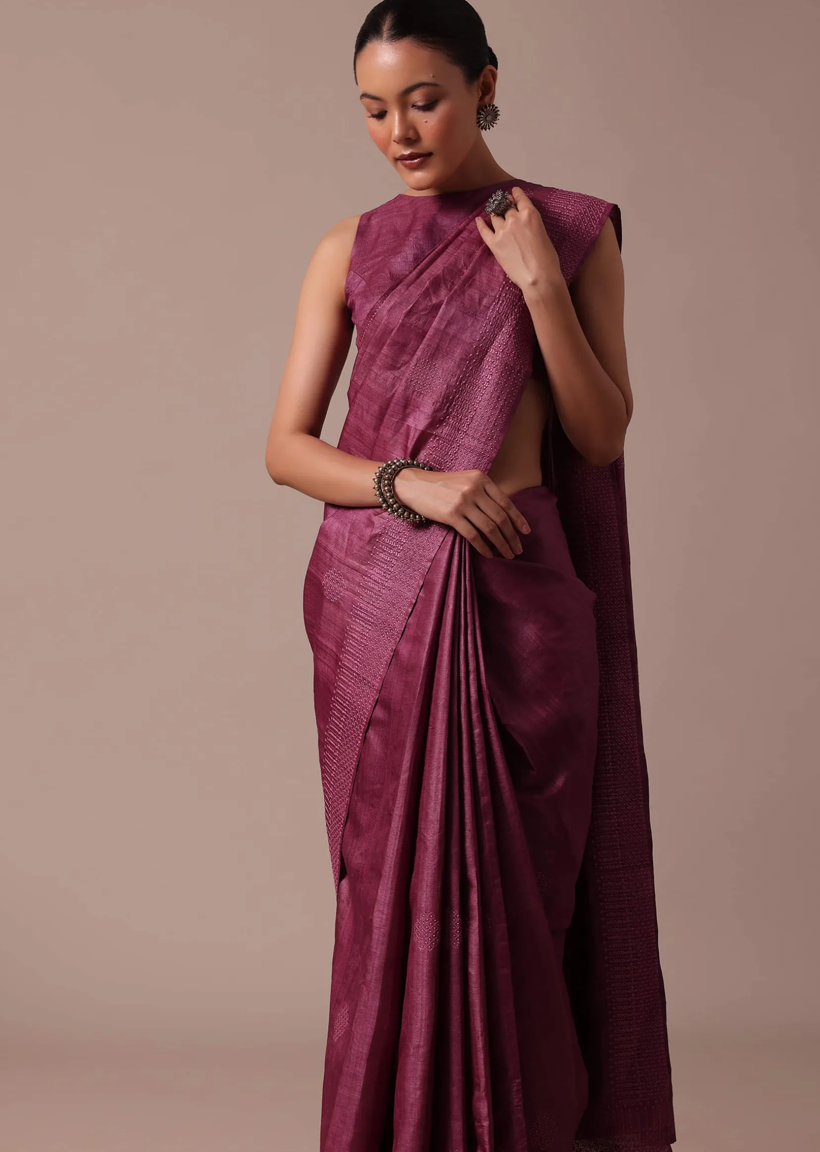 Dark Pink Embroidered Tussar Saree With Unstitched Blouse