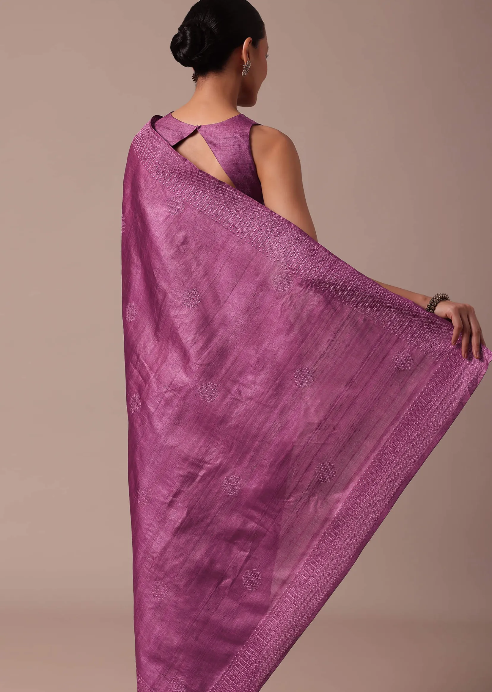 Dark Pink Embroidered Tussar Saree With Unstitched Blouse