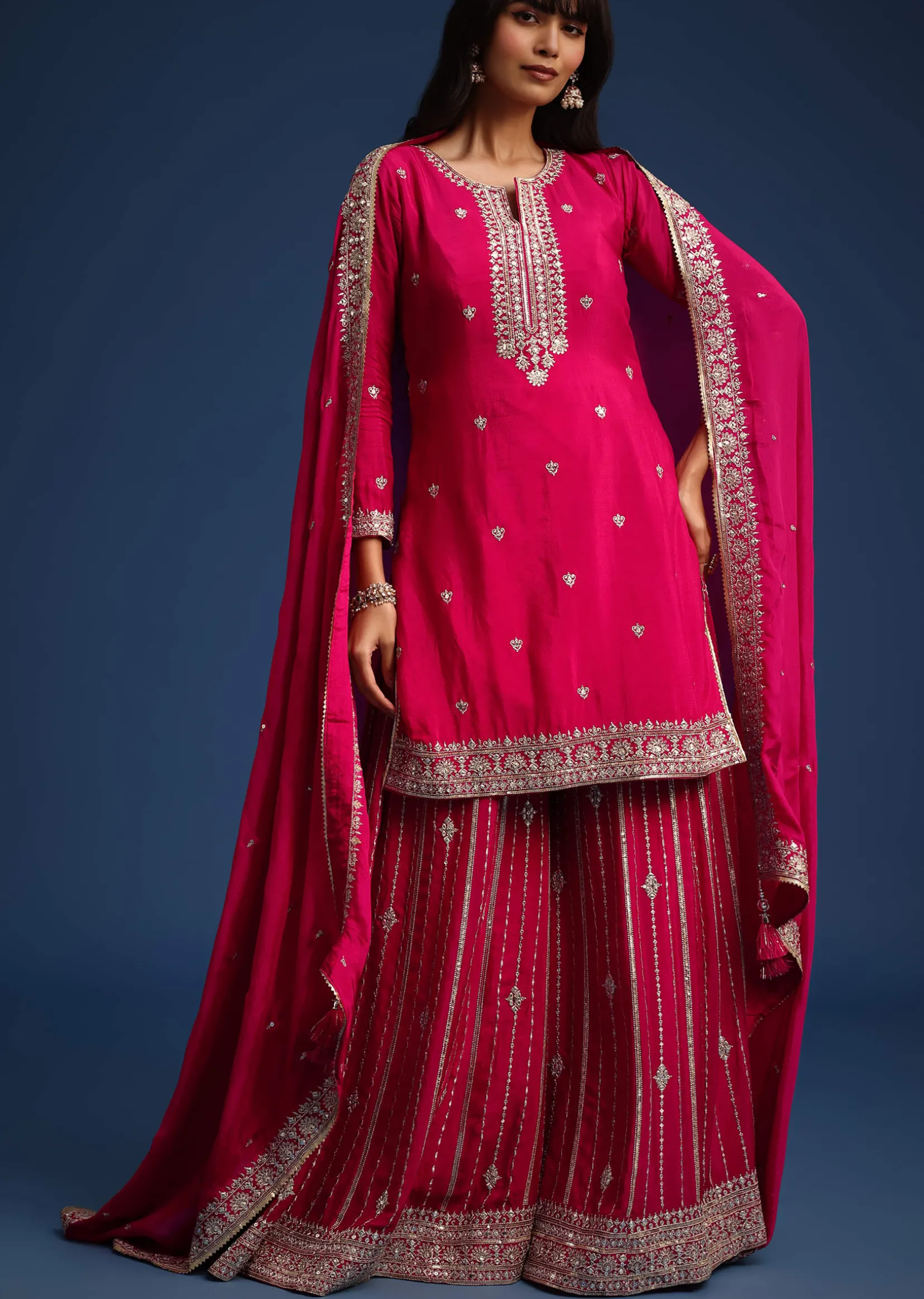 Dark Pink Sequin Embellished Kurta Palazzo Set In Chinon