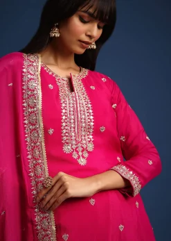 Dark Pink Sequin Embellished Kurta Palazzo Set In Chinon