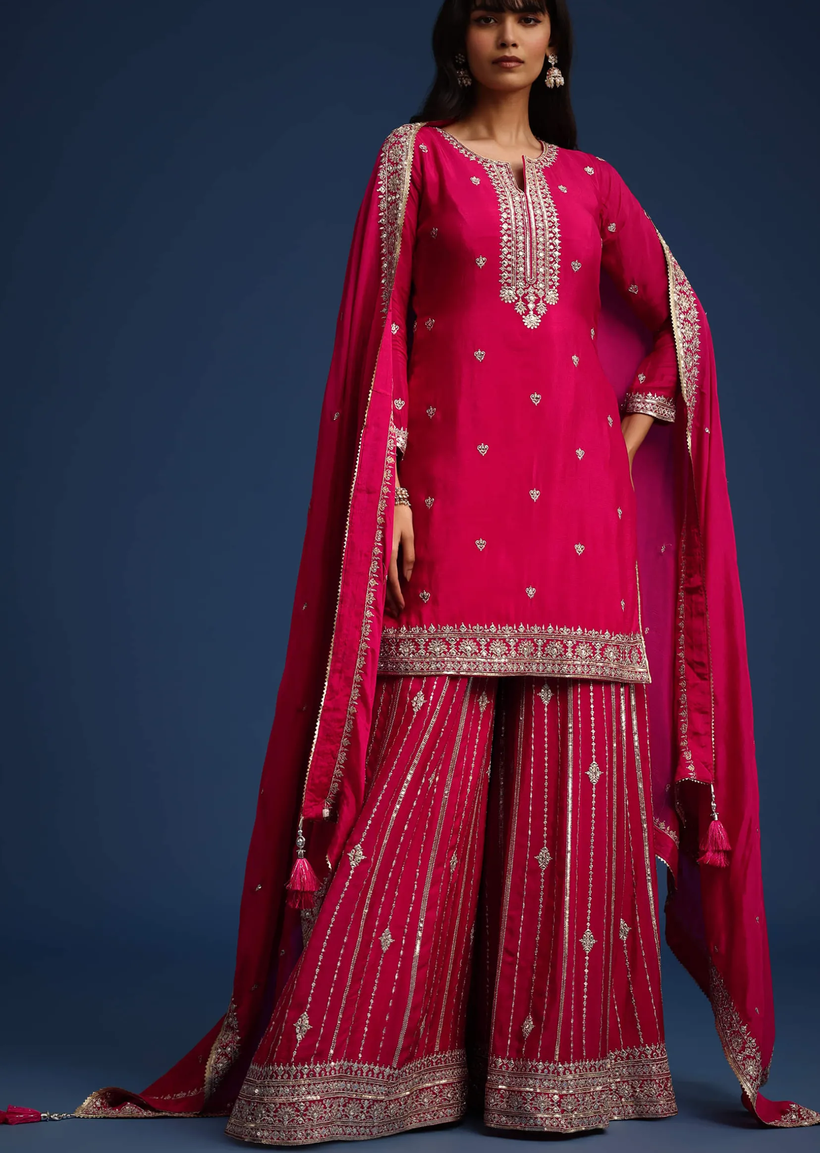 Dark Pink Sequin Embellished Kurta Palazzo Set In Chinon