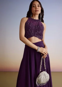 Dark Plum Purple Crepe Croptop Palazzo Suit With Cutdana Sequin Embroidery