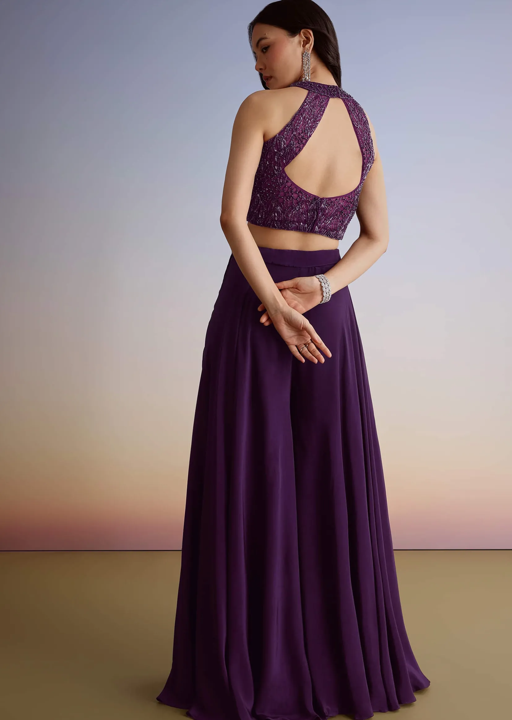 Dark Plum Purple Crepe Croptop Palazzo Suit With Cutdana Sequin Embroidery