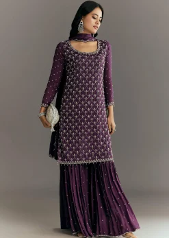 Dark Purple Chinon Sequin Work Kurta Sharara With Dupatta