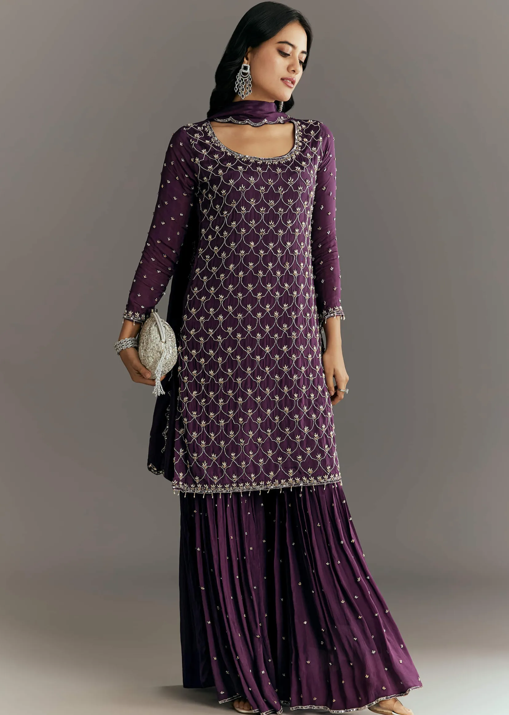 Dark Purple Chinon Sequin Work Kurta Sharara With Dupatta