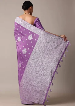 Dark Purple Dola Silk Saree With Silver Weave And Unstitched Blouse Piece