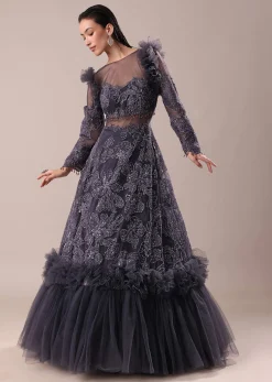 Dark Purple Embroidered Fancy Ruffle Gown