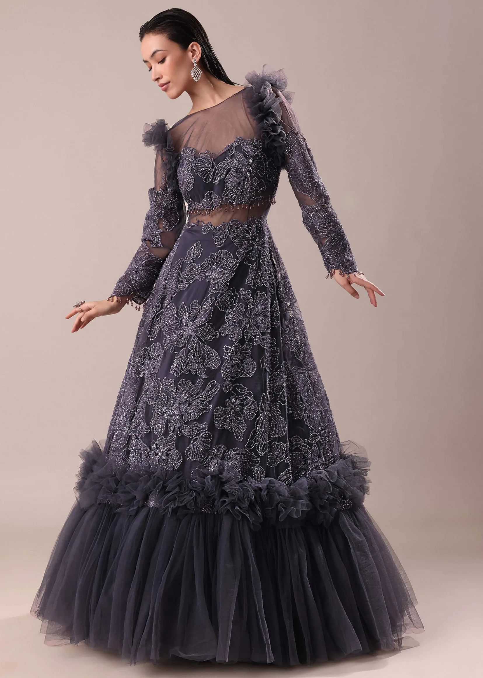 Dark Purple Embroidered Fancy Ruffle Gown
