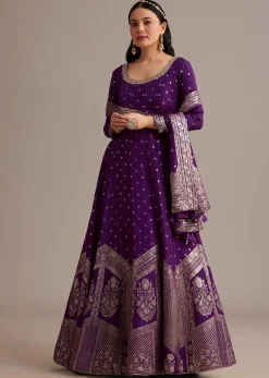 Dark Purple Gold Weave Anarkali Set With Banarasi Dupatta