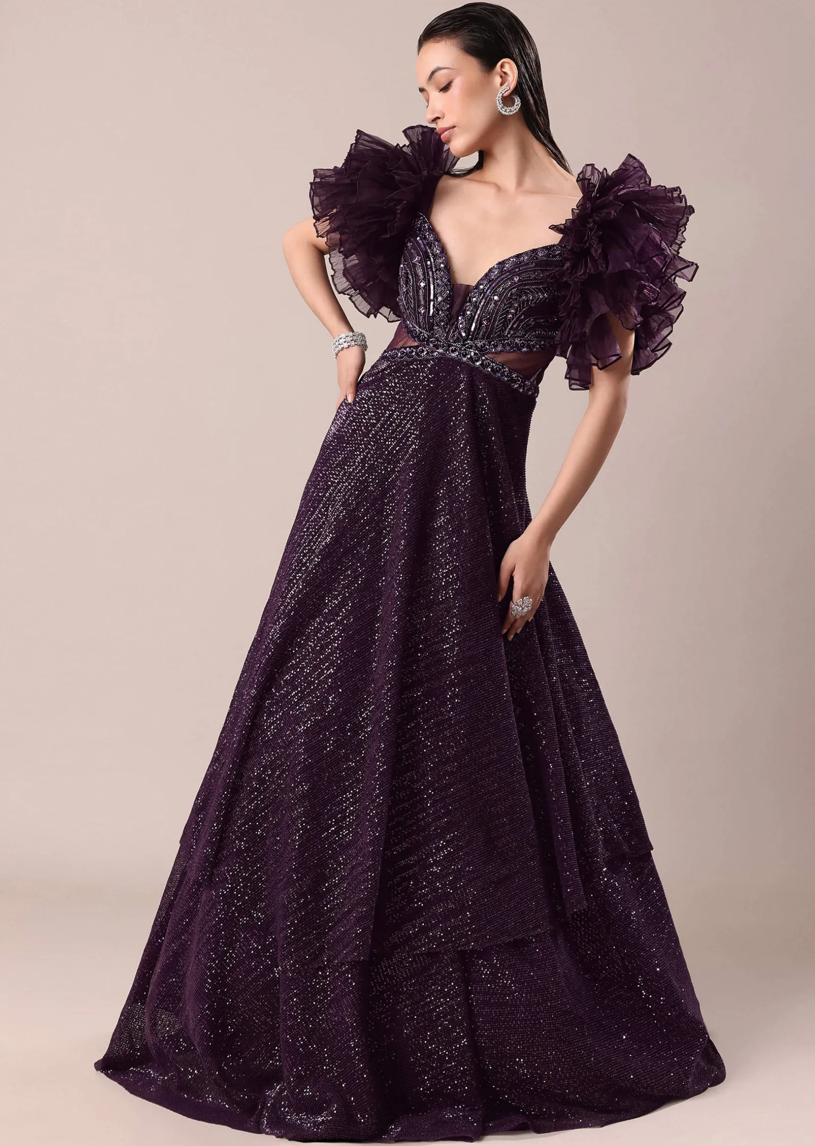 Dark Purple Hand Embroidered Ruffle Sleeve Gown