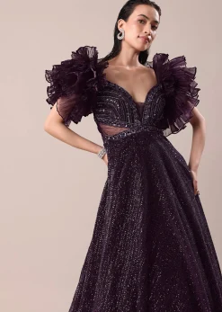Dark Purple Hand Embroidered Ruffle Sleeve Gown
