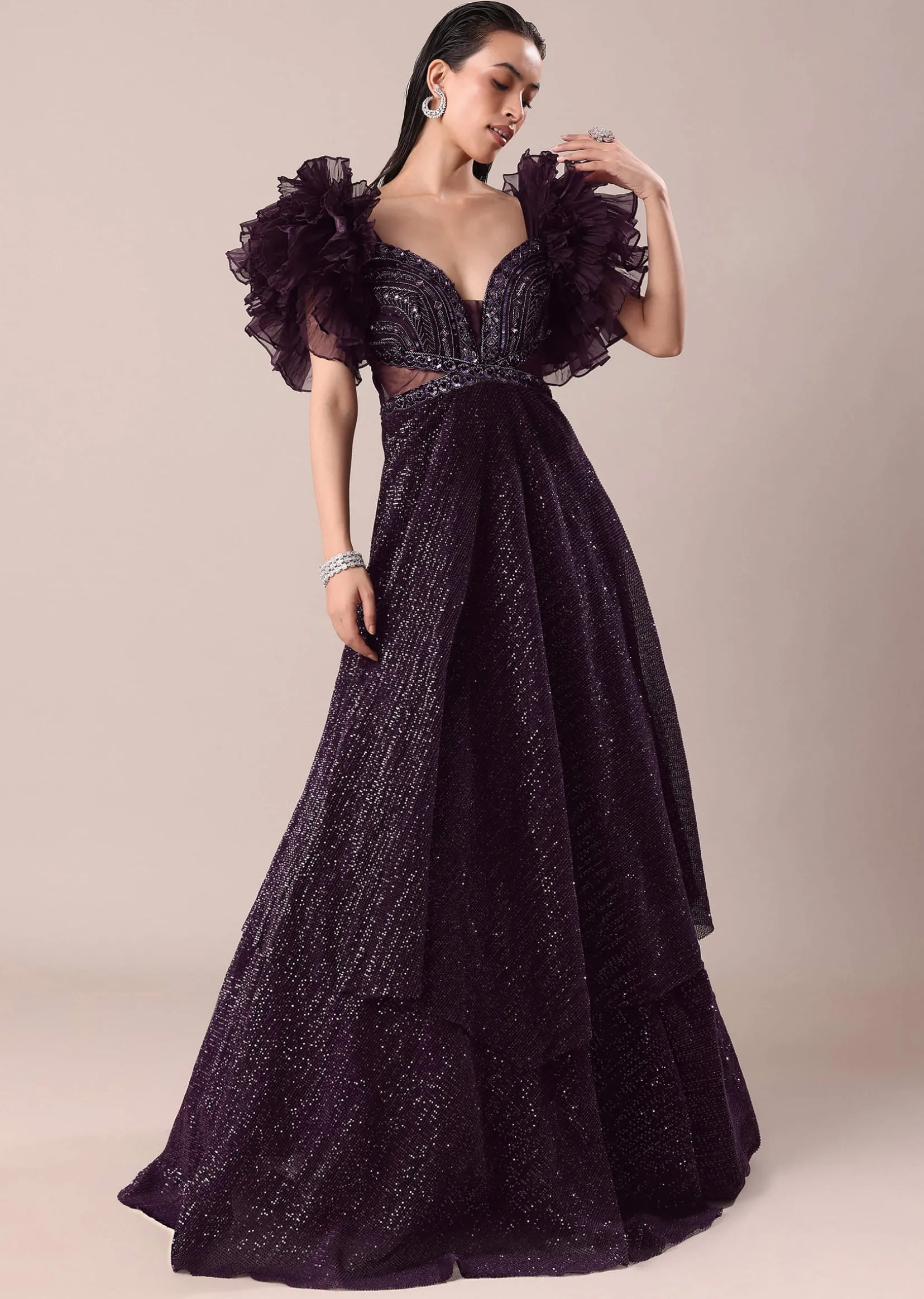 Dark Purple Hand Embroidered Ruffle Sleeve Gown