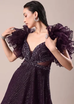 Dark Purple Hand Embroidered Ruffle Sleeve Gown