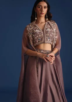 Dark Purple Jacket With Sequin Crop Top And Skirt