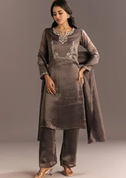 Dark Purple Organza Tissue Embroidered Kurta Pant With Embroidered Dupatta