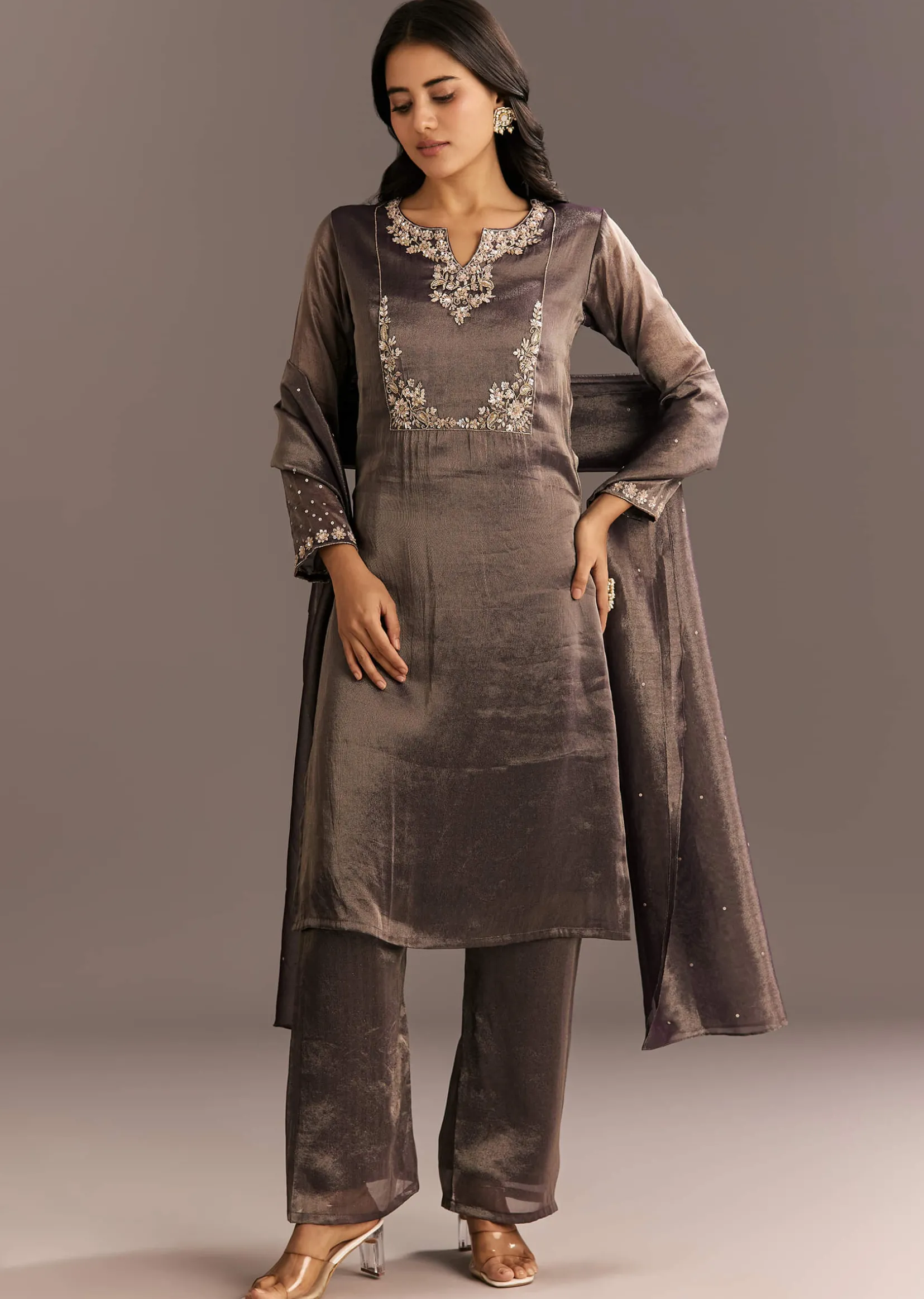 Dark Purple Organza Tissue Embroidered Kurta Pant With Embroidered Dupatta