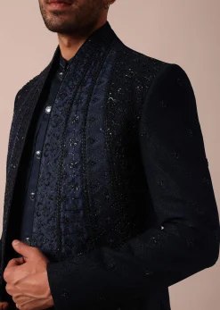 Dashing Blue Jacquard Indowestern For Men