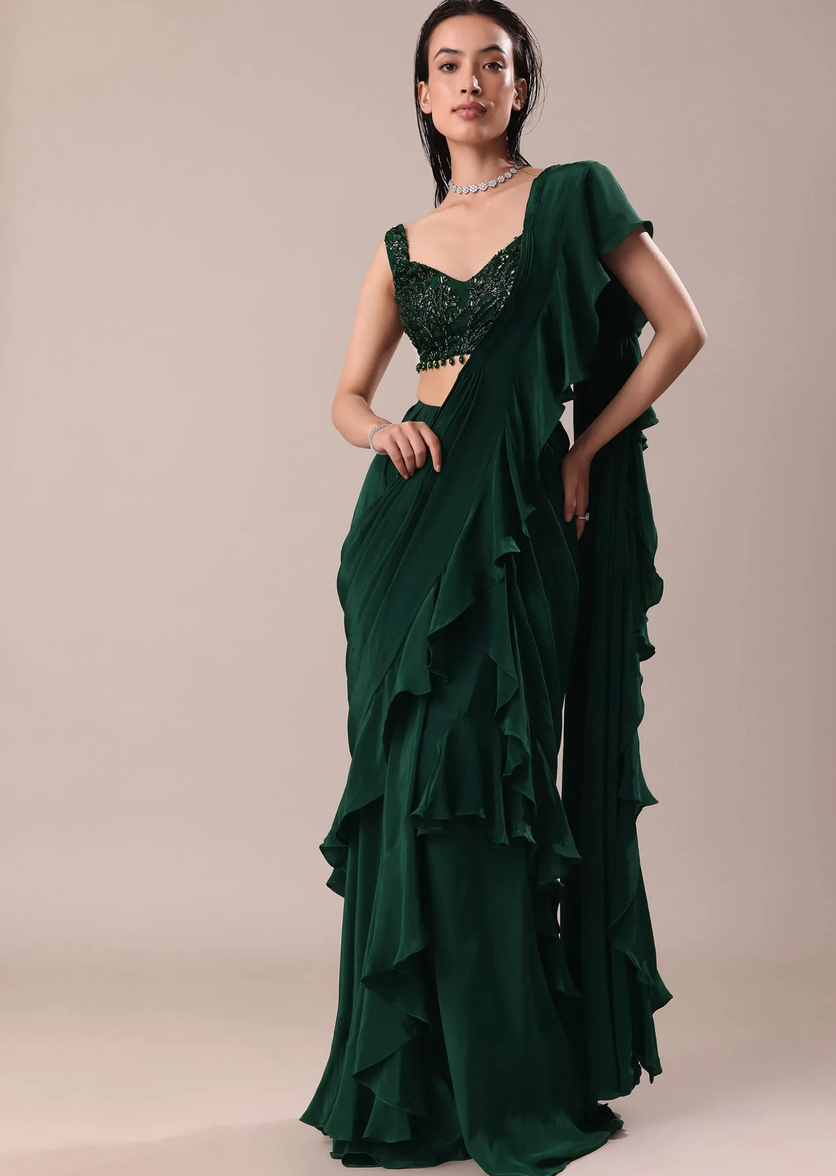 Deep Green Frill Saree With Blouse