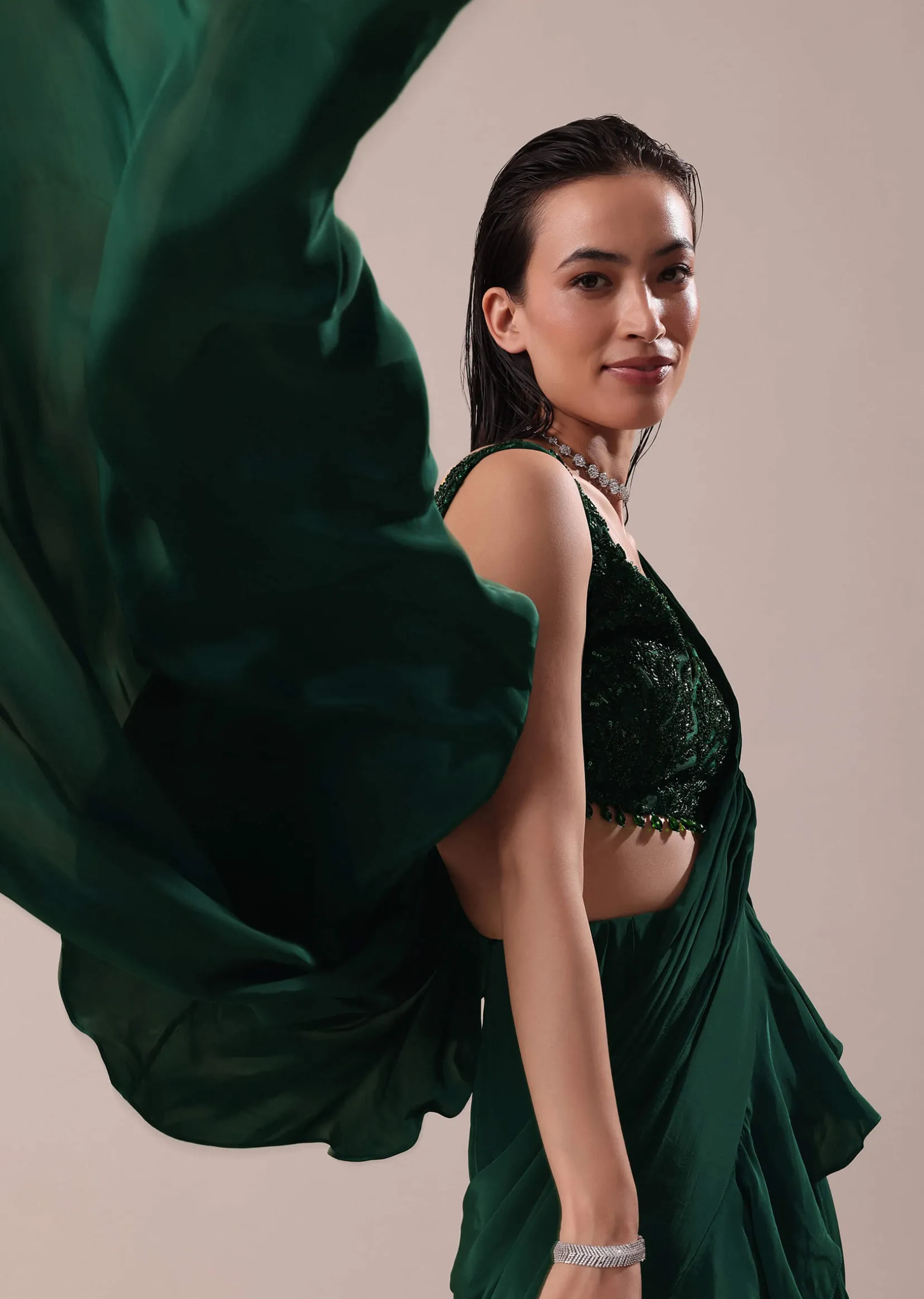 Deep Green Frill Saree With Blouse