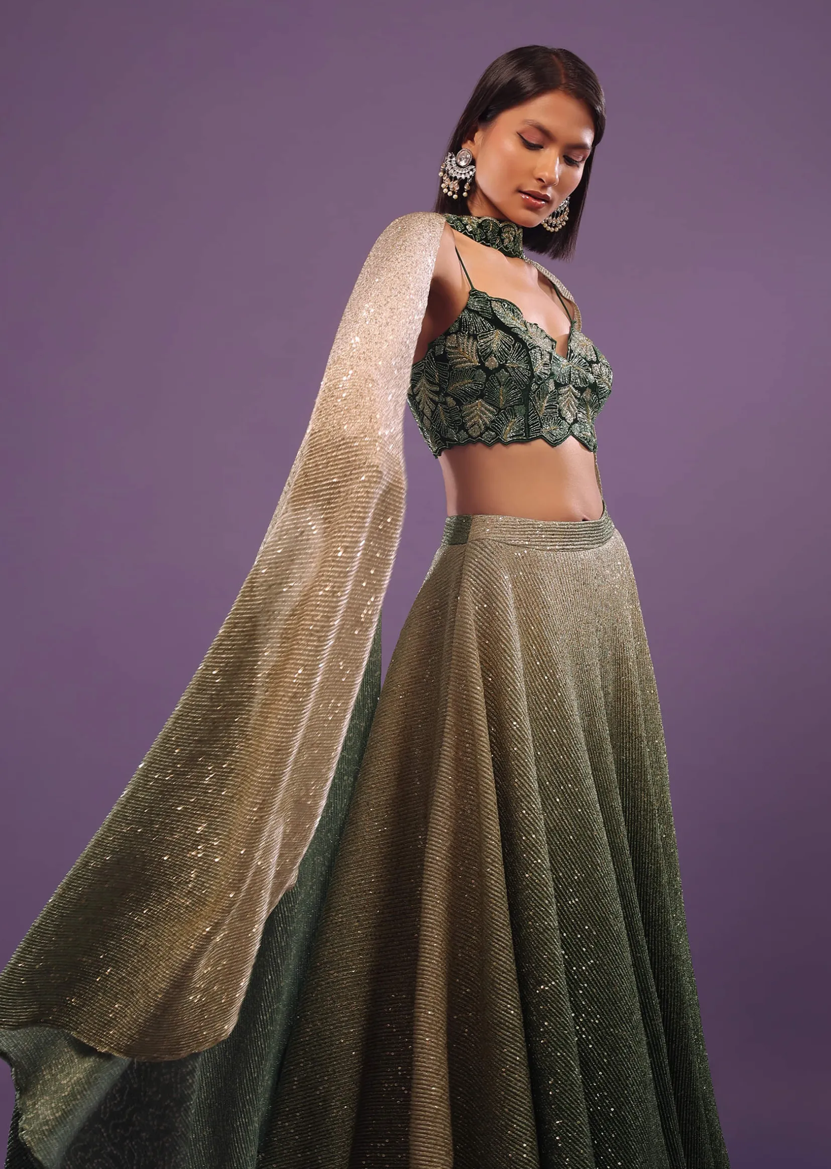 Deep Green Ombre And Gold Embroidered Lehenga Set With Sequins Embroidery