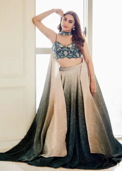 Deep Green Ombre And Gold Embroidered Lehenga Set With Sequins Embroidery