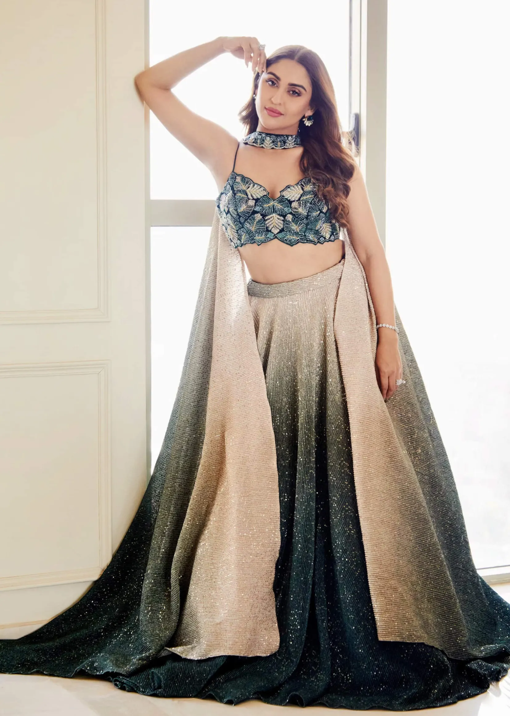Deep Green Ombre And Gold Embroidered Lehenga Set With Sequins Embroidery