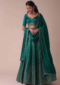 Deep Green Swarovski Embellished Lehenga In Wrinkle Satin