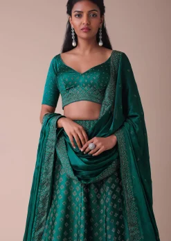 Deep Green Swarovski Embellished Lehenga In Wrinkle Satin