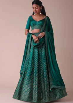 Deep Green Swarovski Embellished Lehenga In Wrinkle Satin