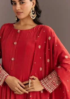 Deep Orange Chinon Kurta With Zardosi Sleeves And Butti Dupatta
