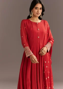Deep Orange Chinon Kurta With Zardosi Sleeves And Butti Dupatta
