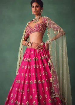 Deep Pink Bridal Butti Work Lehenga With Tassels on Blouse And Dupatta