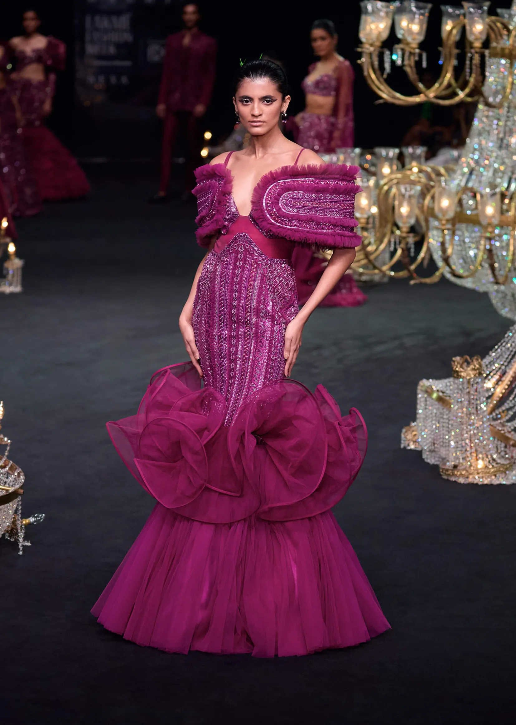 Deep Purple Organza Fish Cut Gown With 3D Ruffles