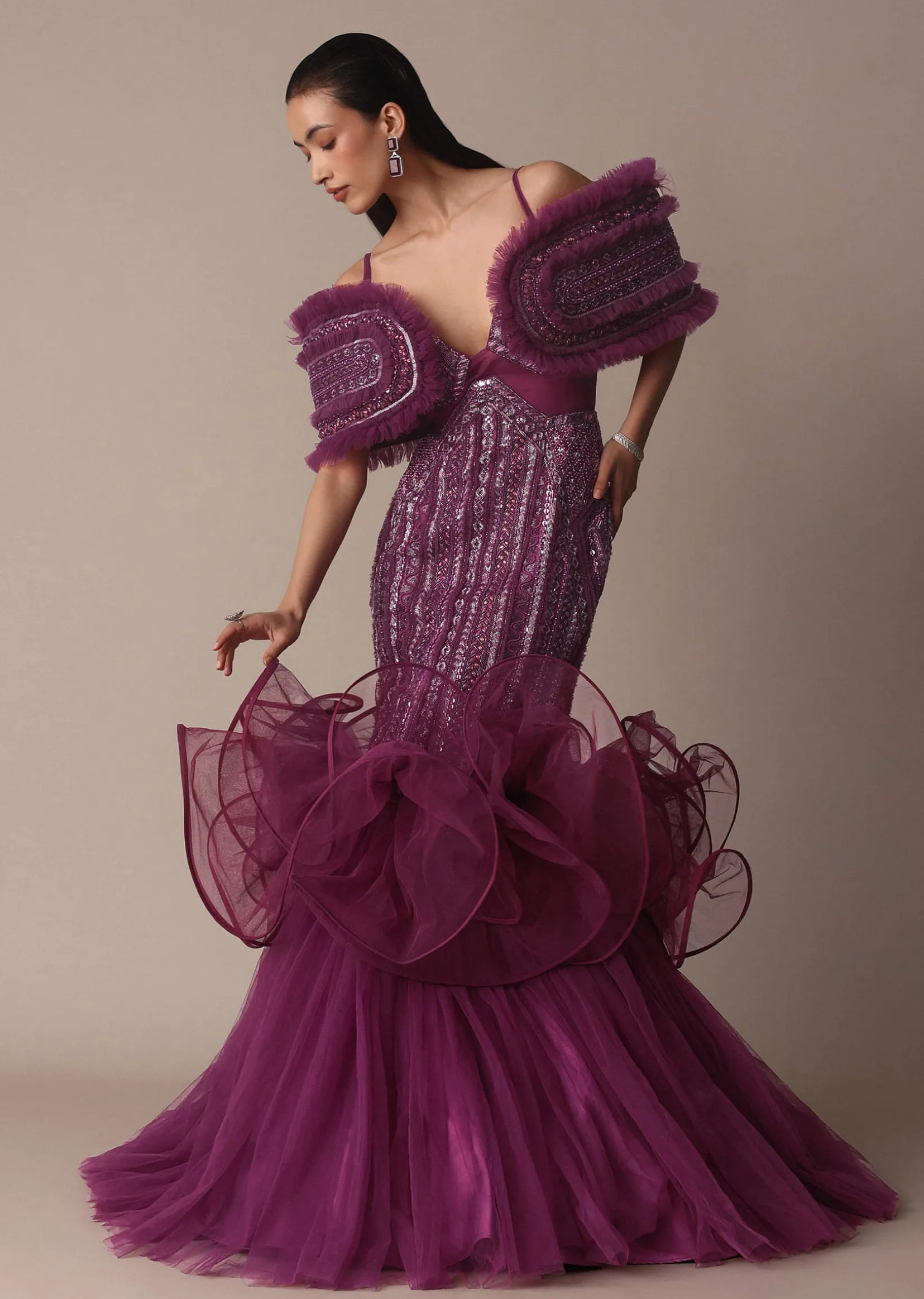 Deep Purple Organza Fish Cut Gown With 3D Ruffles