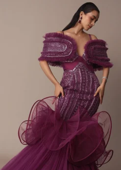 Deep Purple Organza Fish Cut Gown With 3D Ruffles