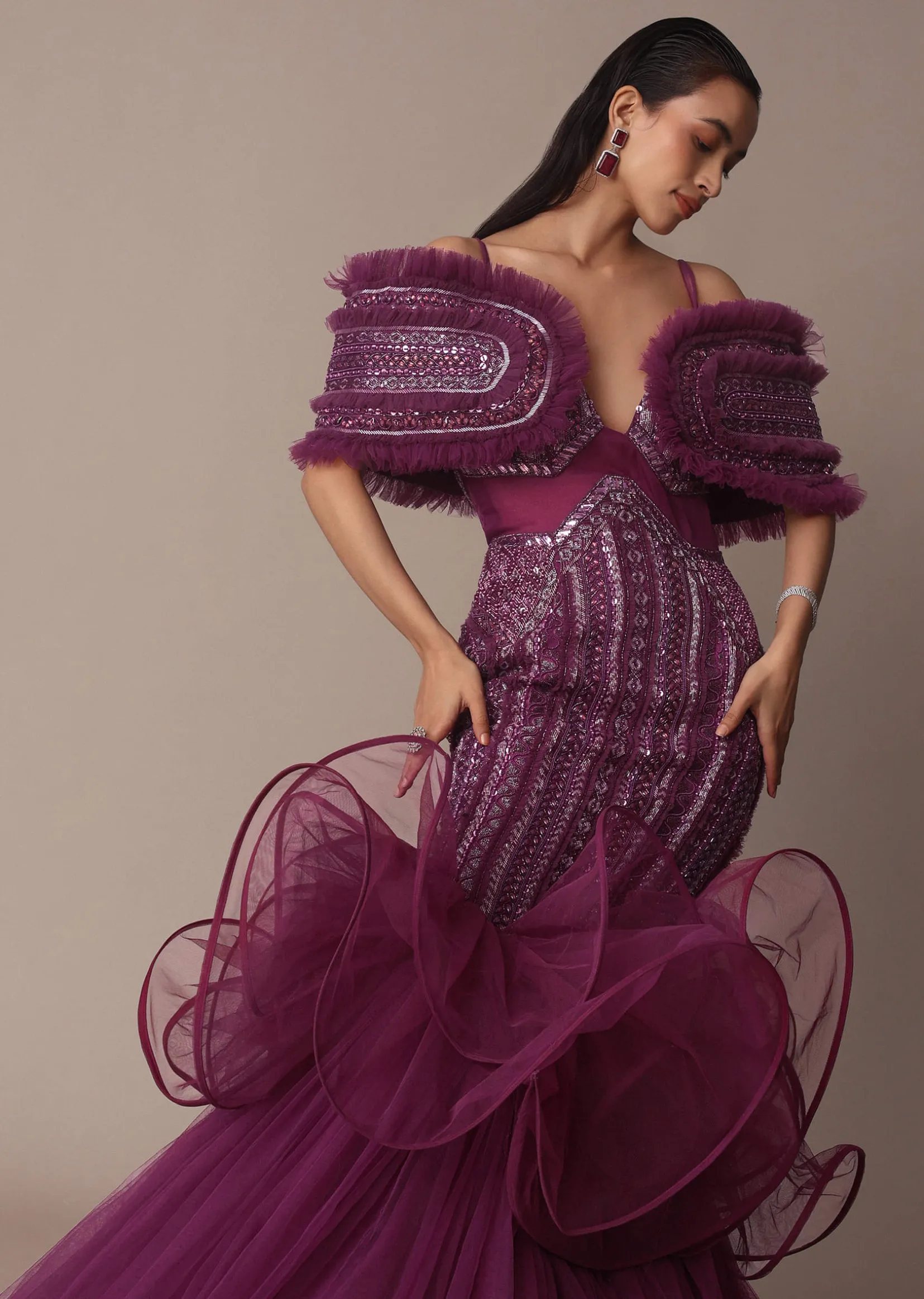 Deep Purple Organza Fish Cut Gown With 3D Ruffles