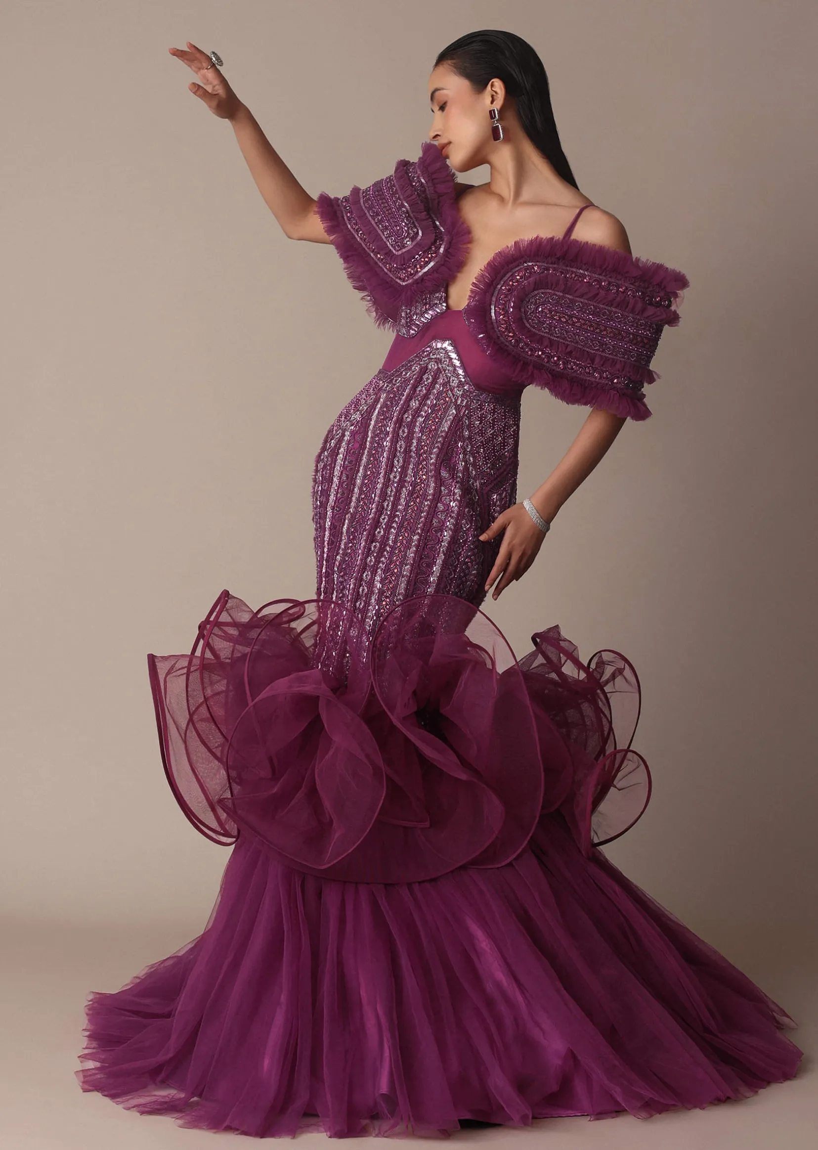 Deep Purple Organza Fish Cut Gown With 3D Ruffles