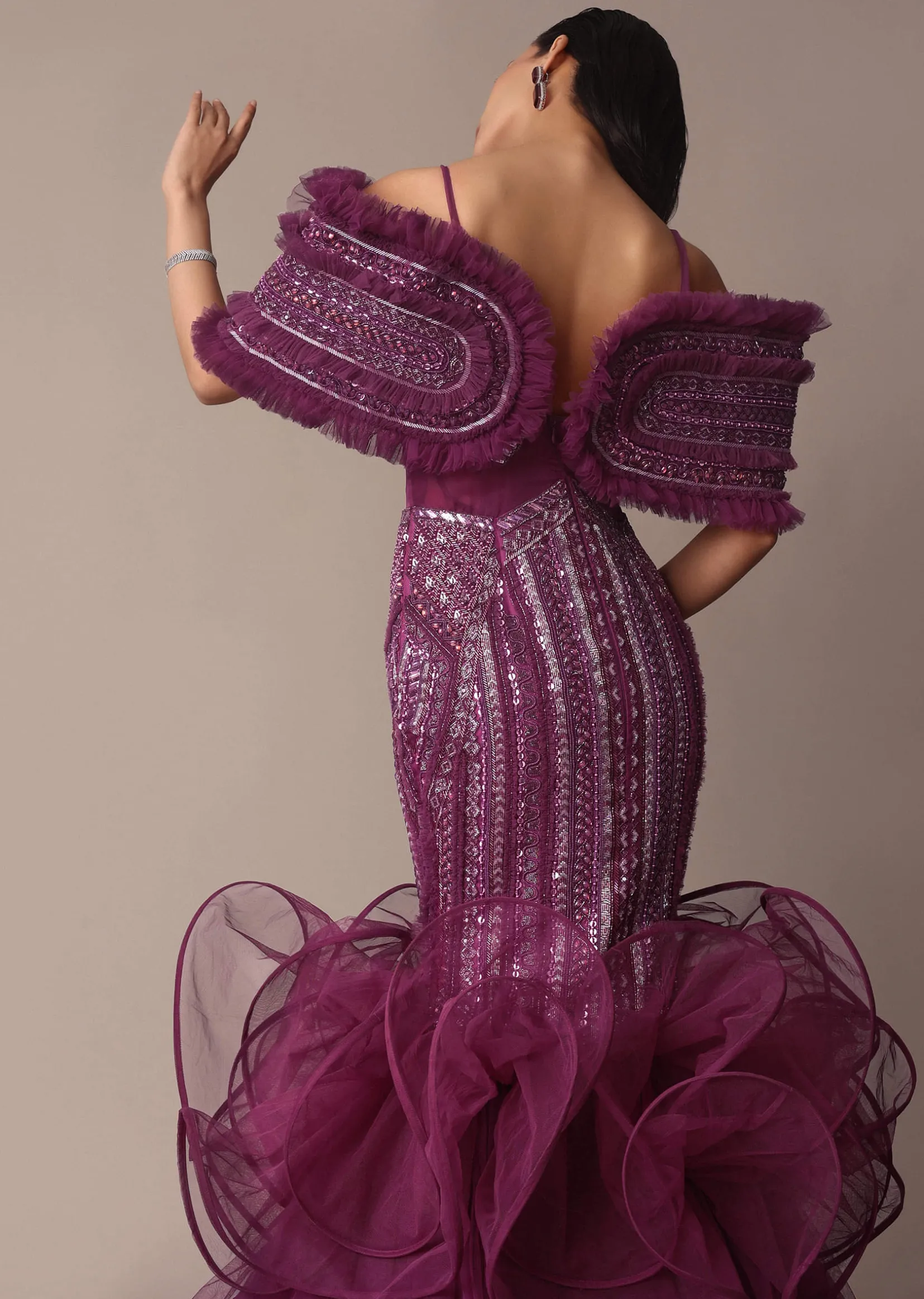 Deep Purple Organza Fish Cut Gown With 3D Ruffles