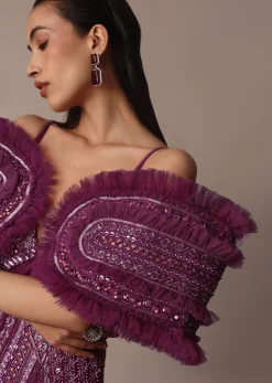 Deep Purple Organza Fish Cut Gown With 3D Ruffles
