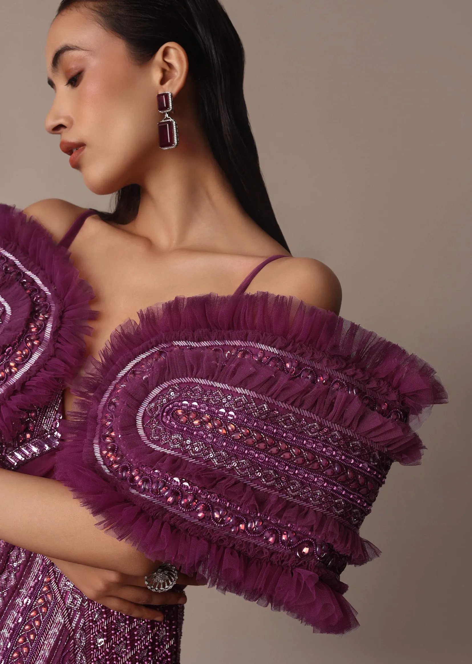 Deep Purple Organza Fish Cut Gown With 3D Ruffles