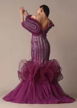 Deep Purple Organza Fish Cut Gown With 3D Ruffles
